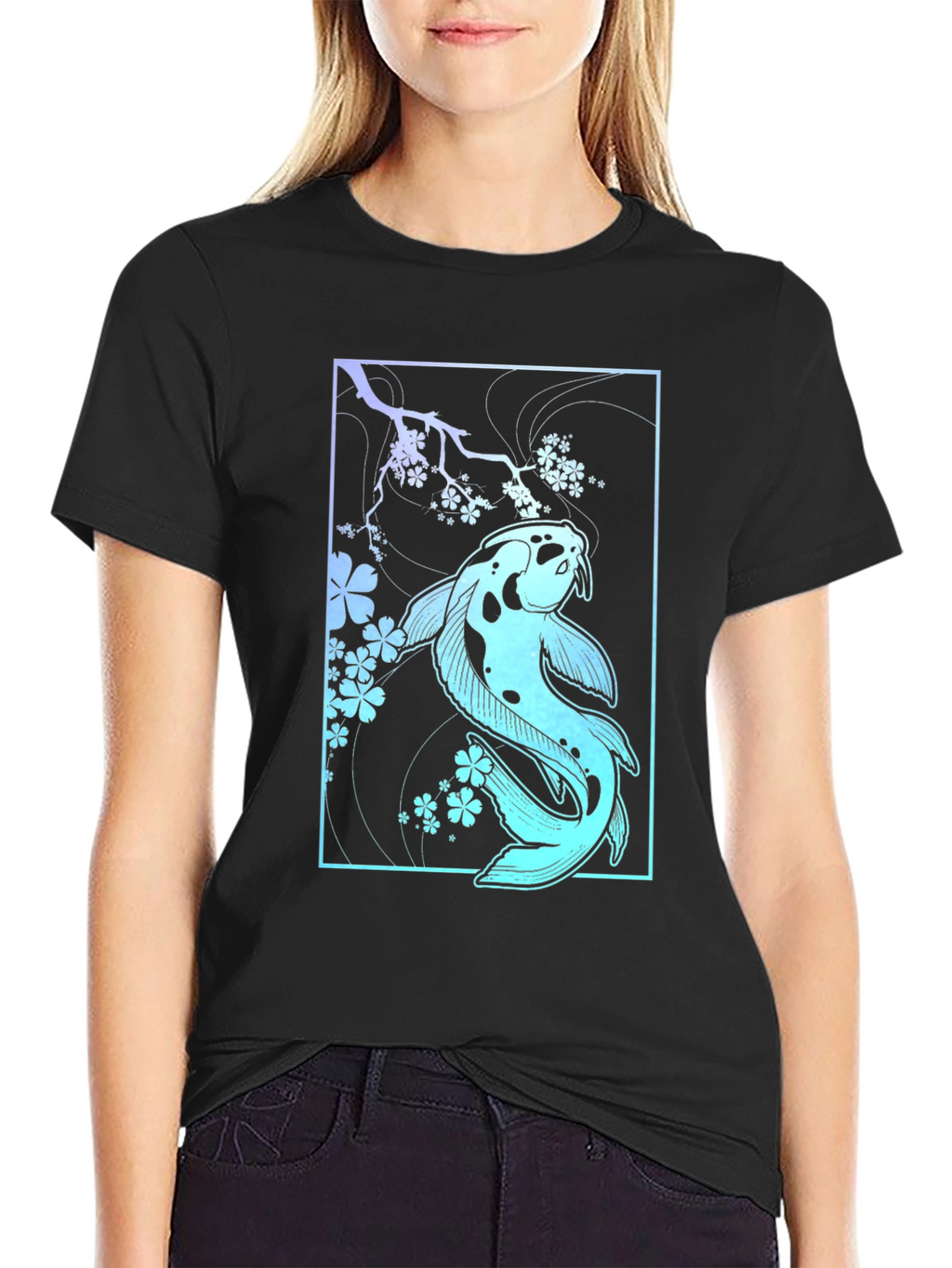 Koi Fish & Blossoms Graphic Tee - Black
