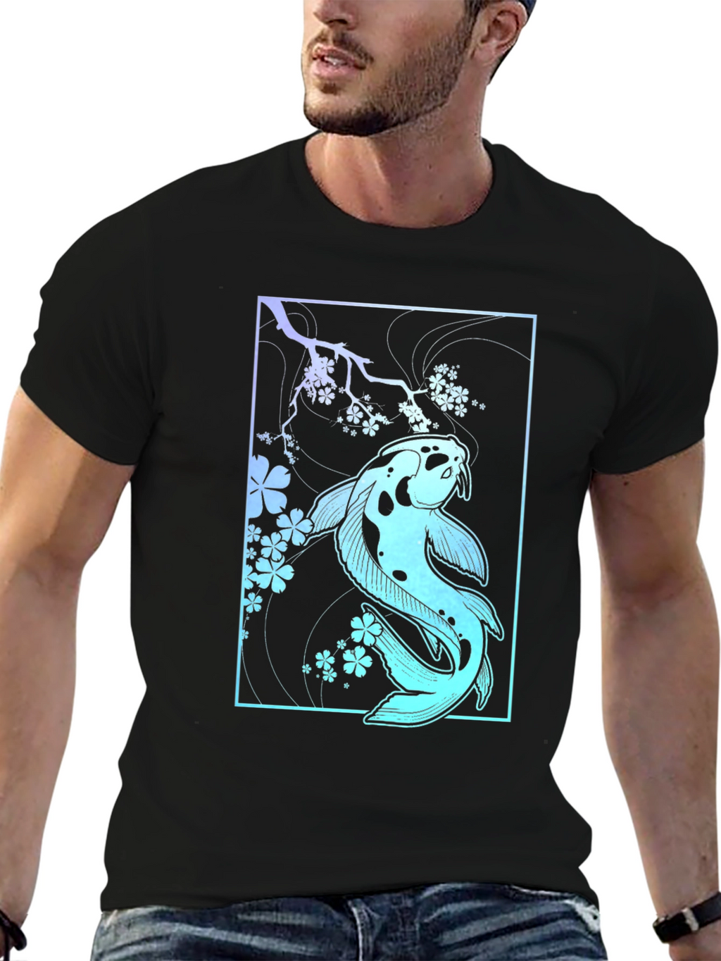 Koi Fish & Blossoms Graphic Tee - Black