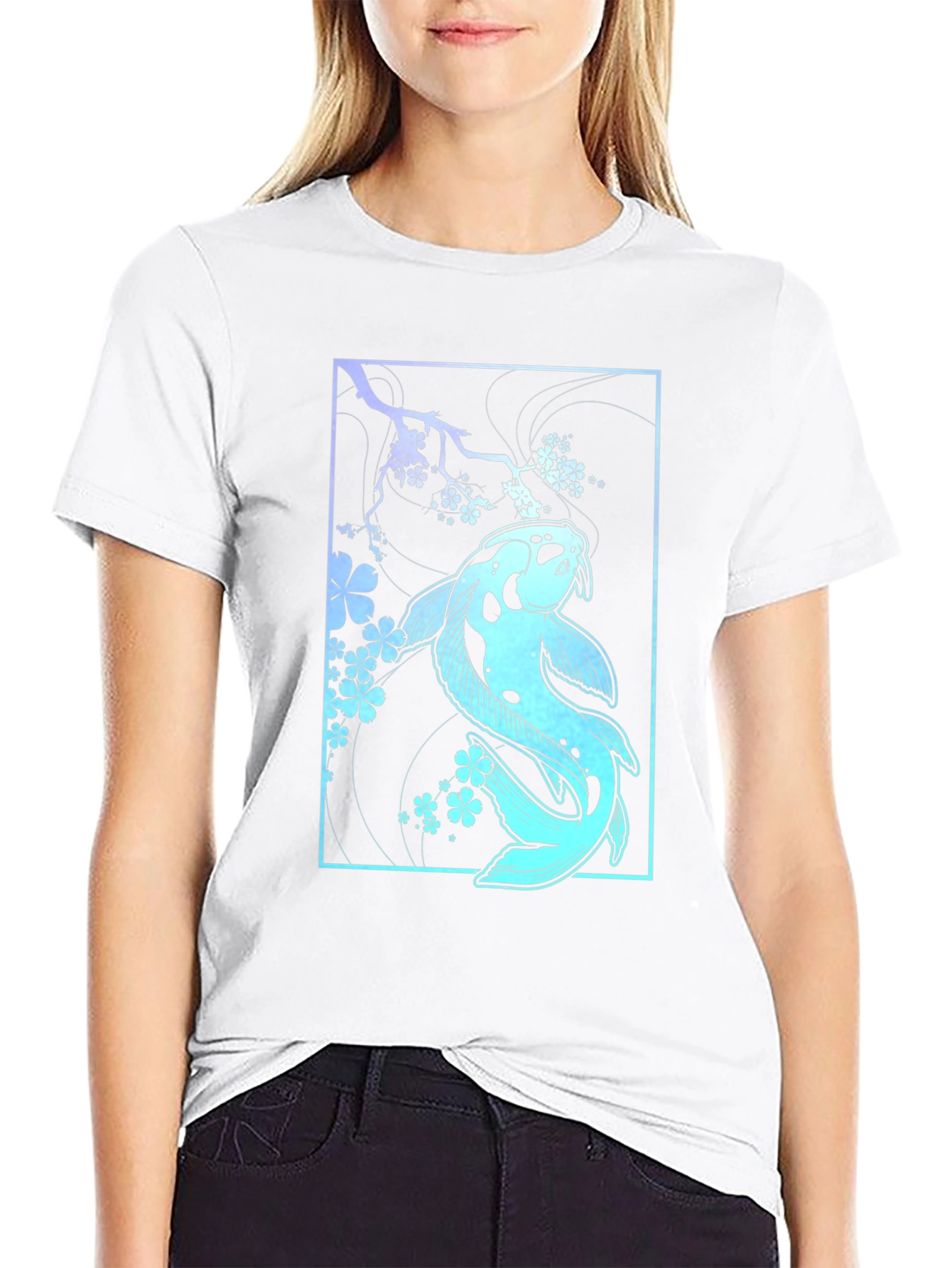 Koi Fish & Blossoms Graphic Tee - Black