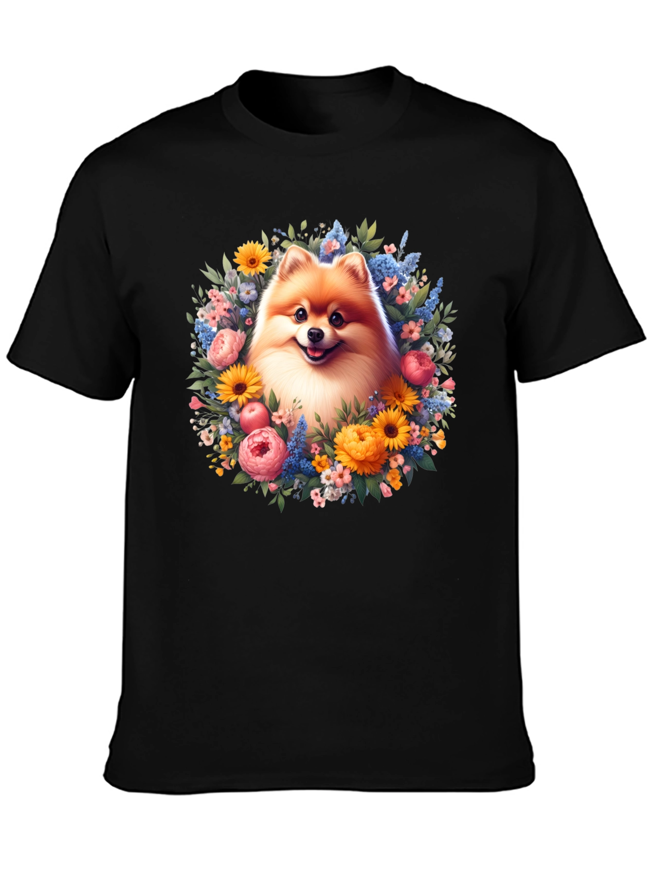 Dog Surrounded by Flowers Graphic T-Shirt