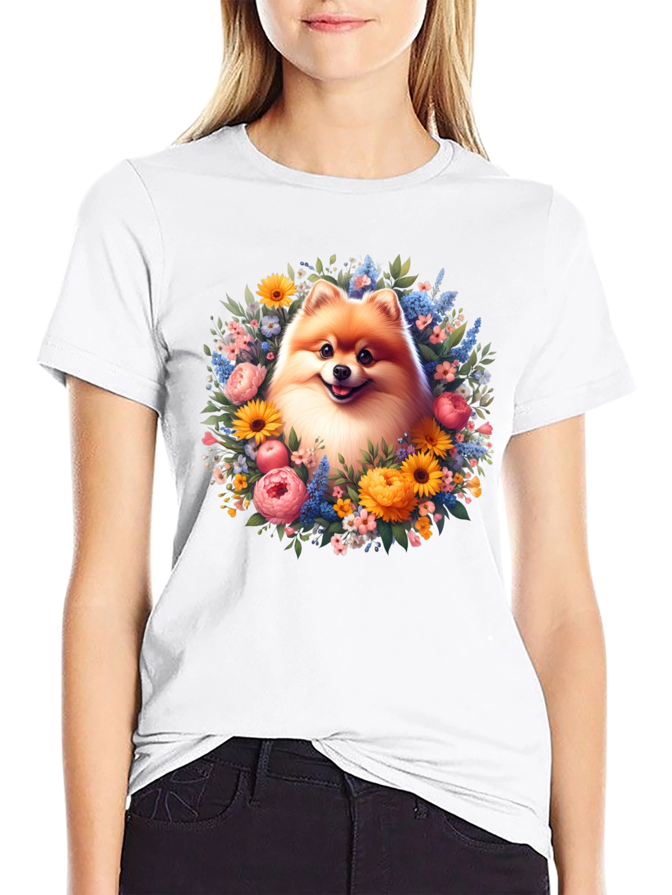 Dog Surrounded by Flowers Graphic T-Shirt