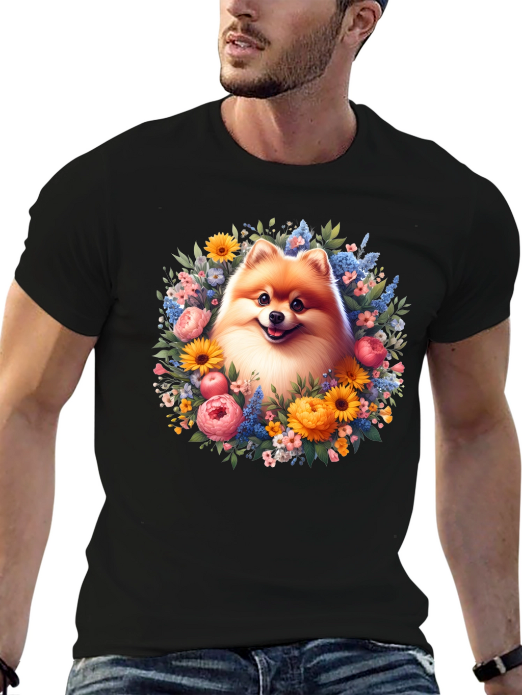 Dog Surrounded by Flowers Graphic T-Shirt
