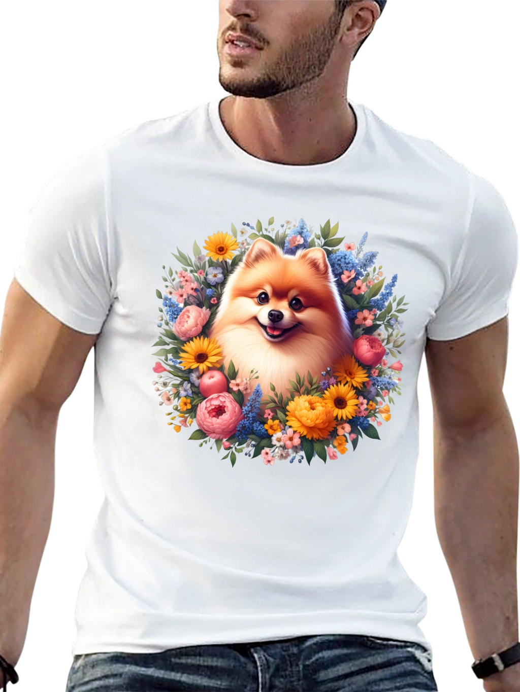Dog Surrounded by Flowers Graphic T-Shirt