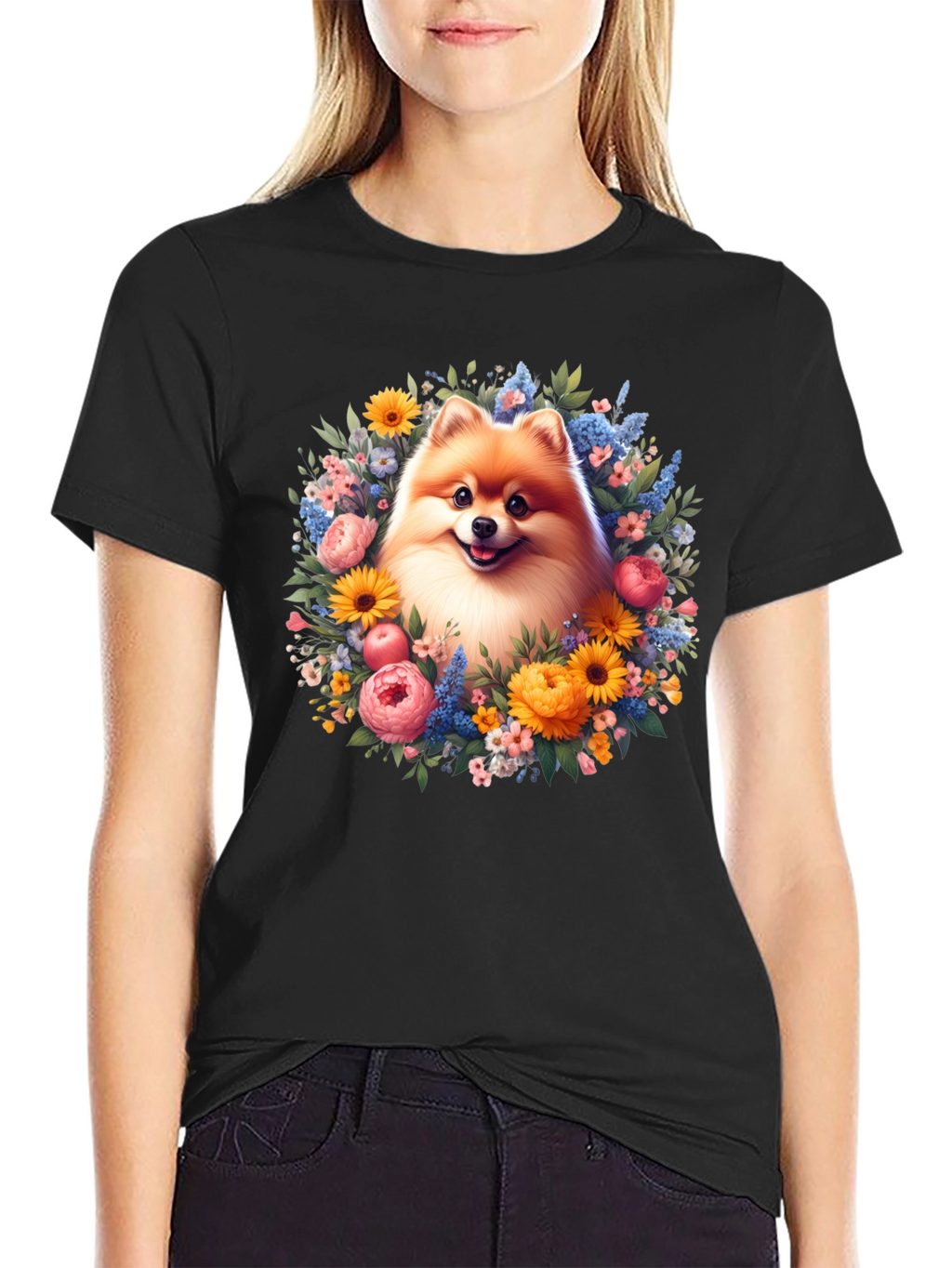 Dog Surrounded by Flowers Graphic T-Shirt