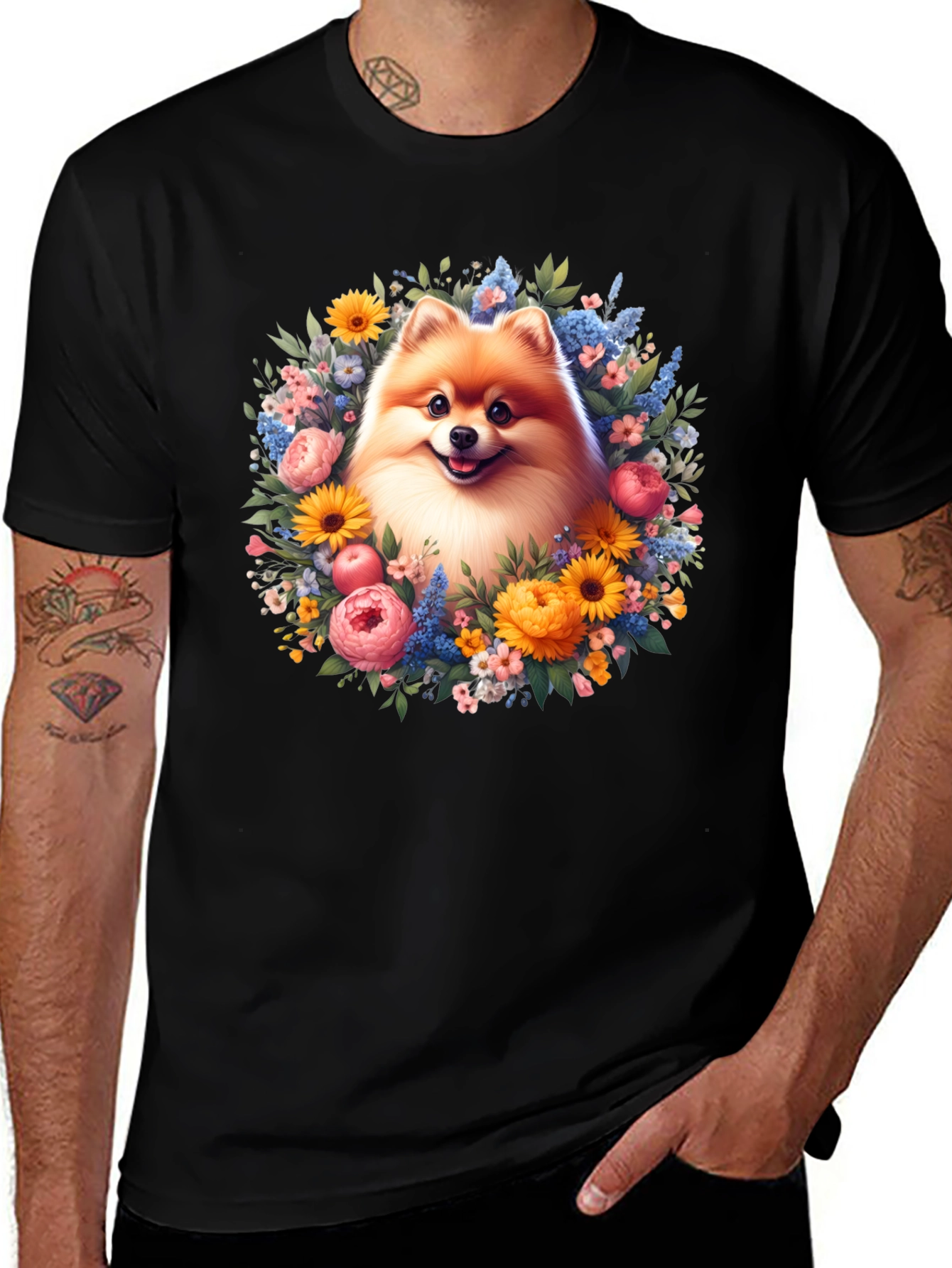 Dog Surrounded by Flowers Graphic T-Shirt