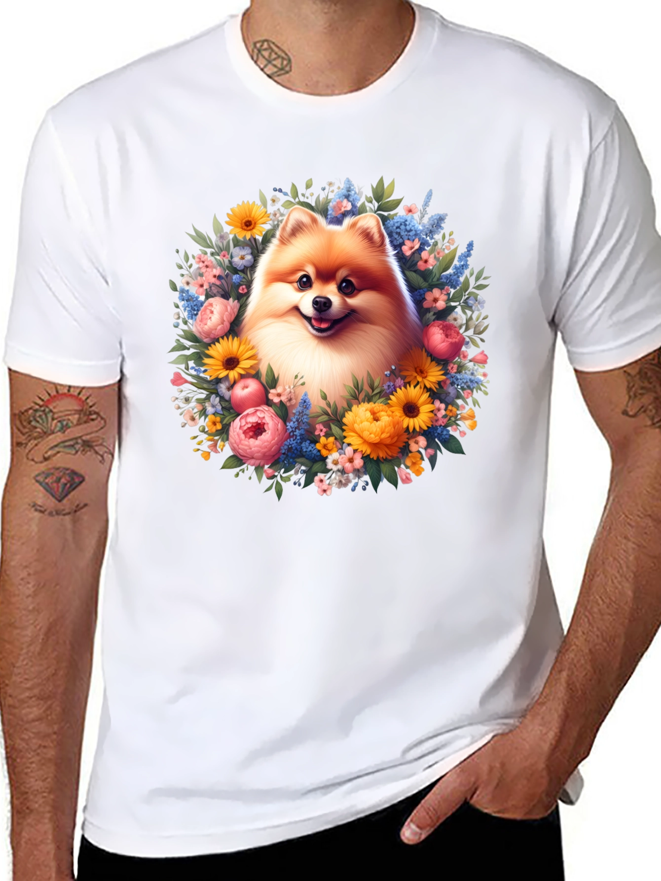 Dog Surrounded by Flowers Graphic T-Shirt