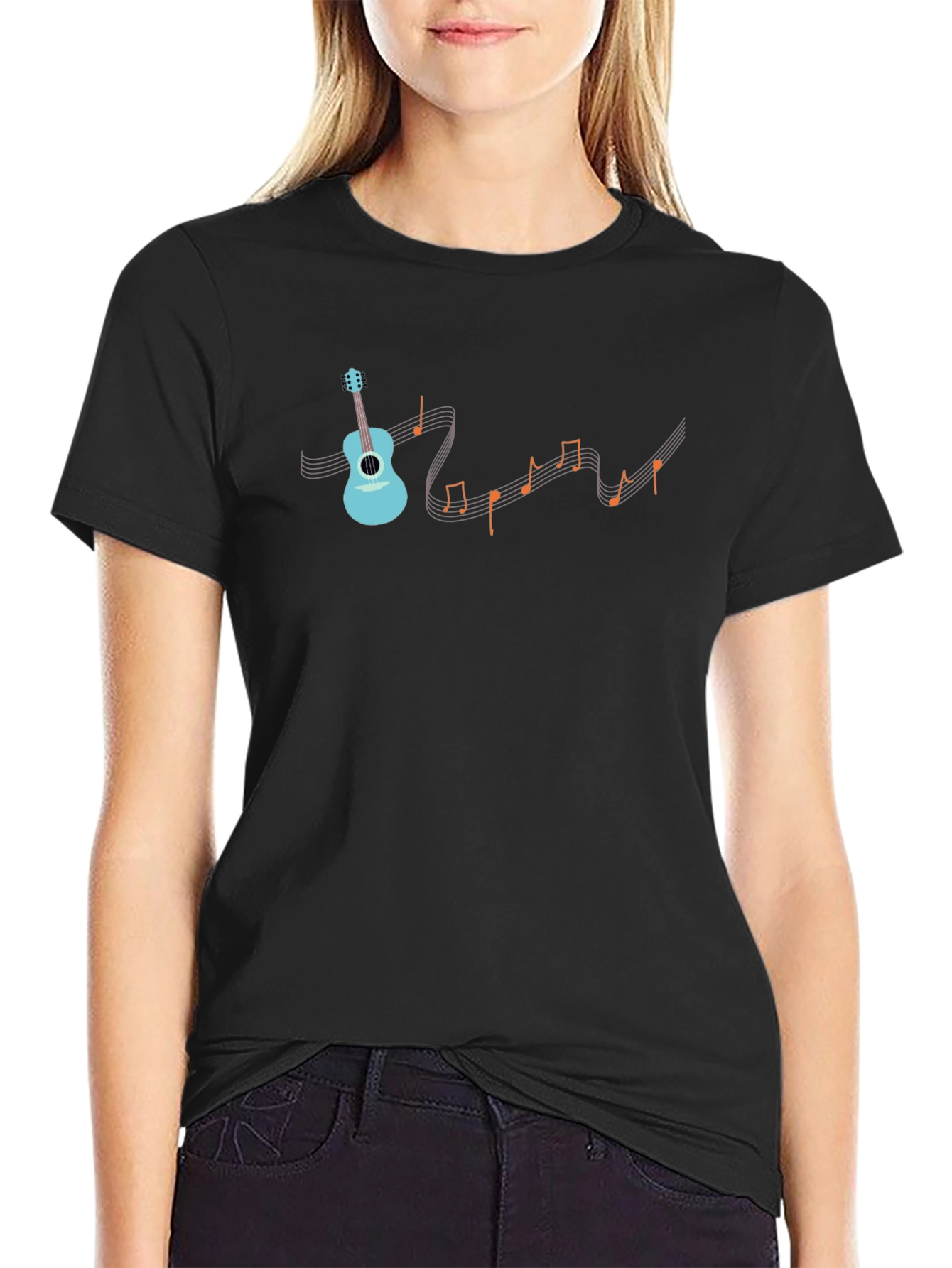 Musical Notes Guitar Graphic Tee - Black
