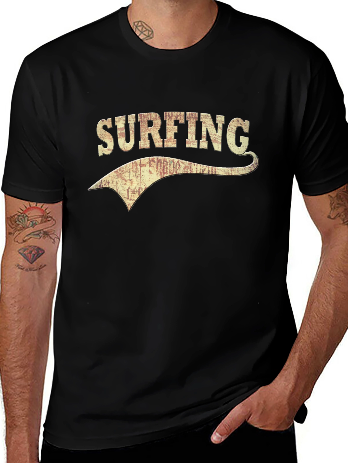 Vintage Surfing Graphic Tee - Black Cotton T-Shirt
