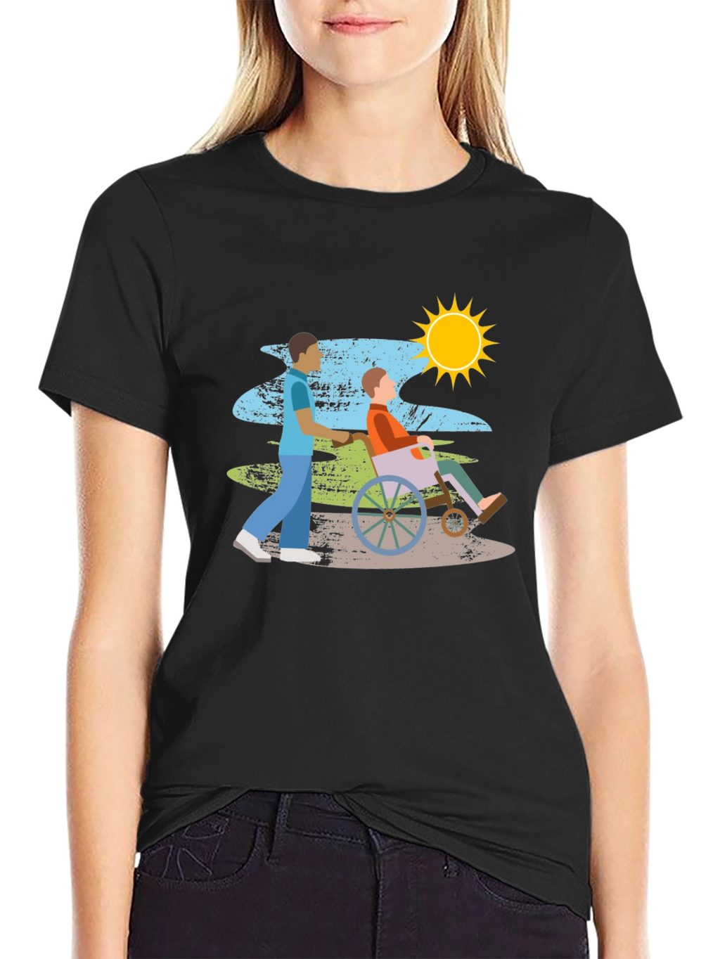 Caring Wheelchair Design Black T-Shirt