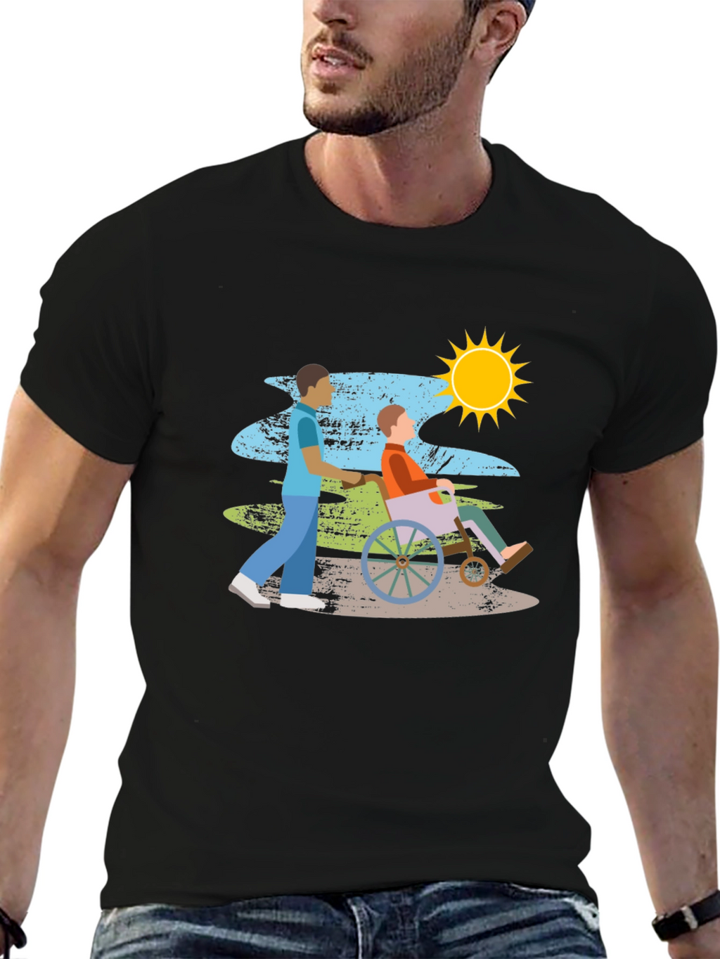 Caring Wheelchair Design Black T-Shirt
