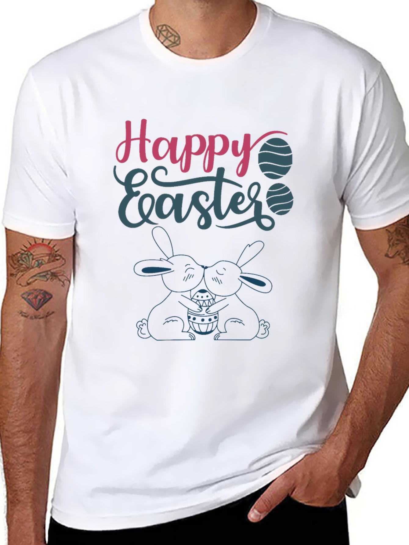 Happy Easter T-Shirt Bunny Design Crew Neck