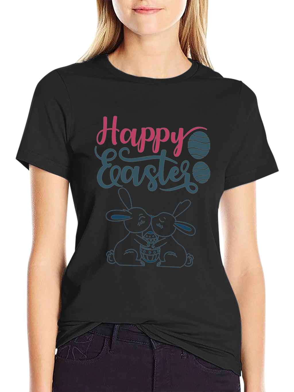 Happy Easter T-Shirt Bunny Design Crew Neck