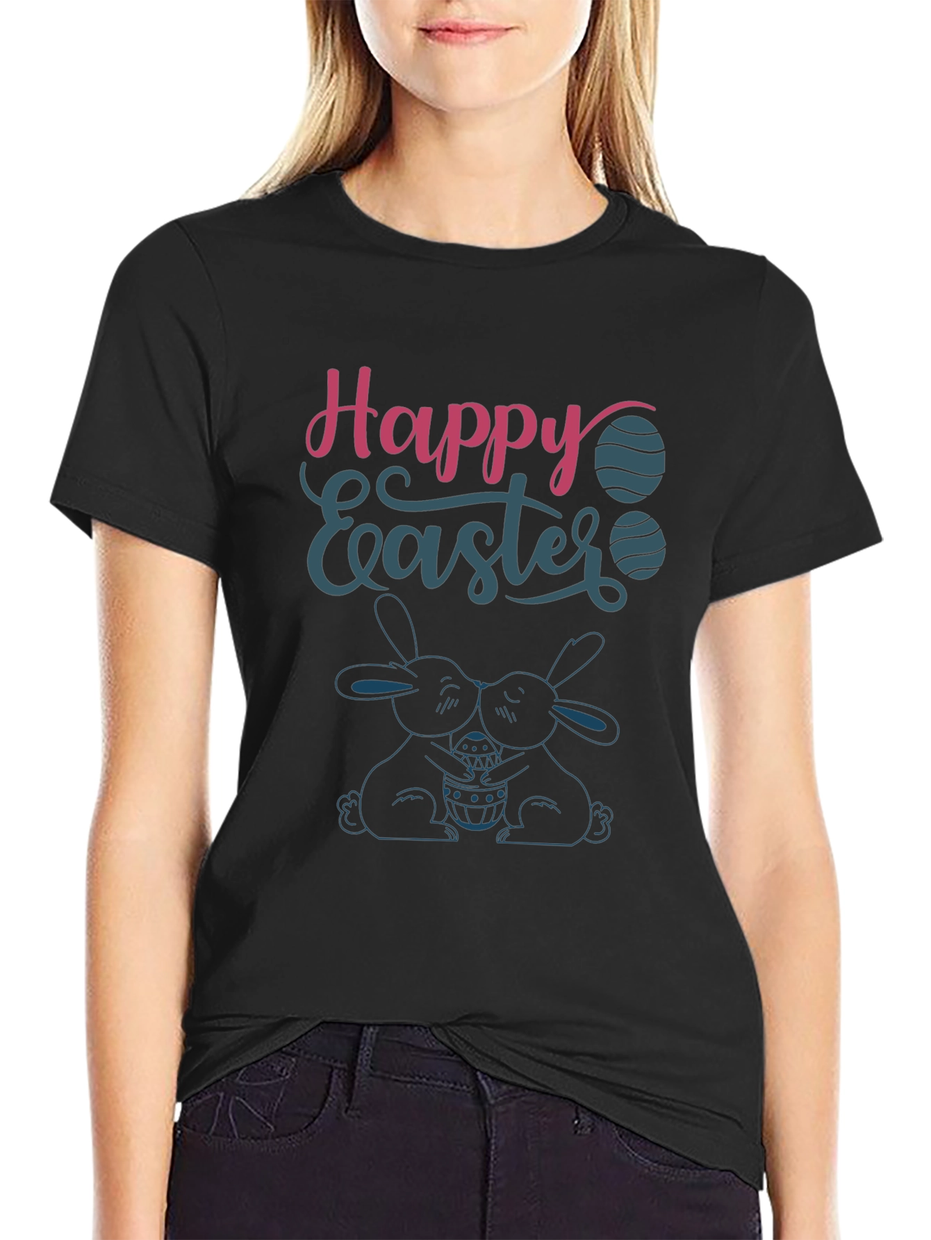 Happy Easter T-Shirt Bunny Design Crew Neck