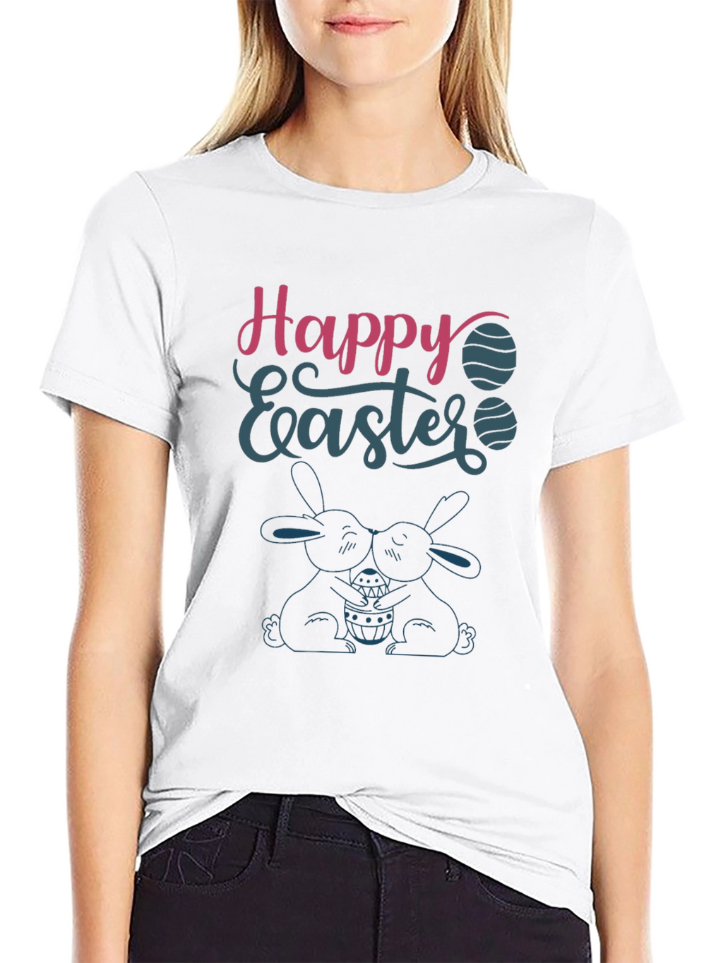 Happy Easter T-Shirt Bunny Design Crew Neck