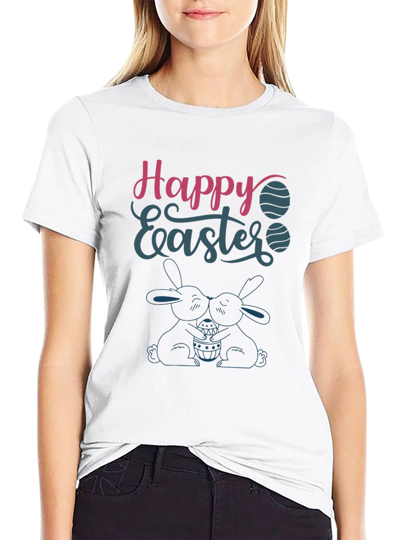Happy Easter T-Shirt Bunny Design Crew Neck