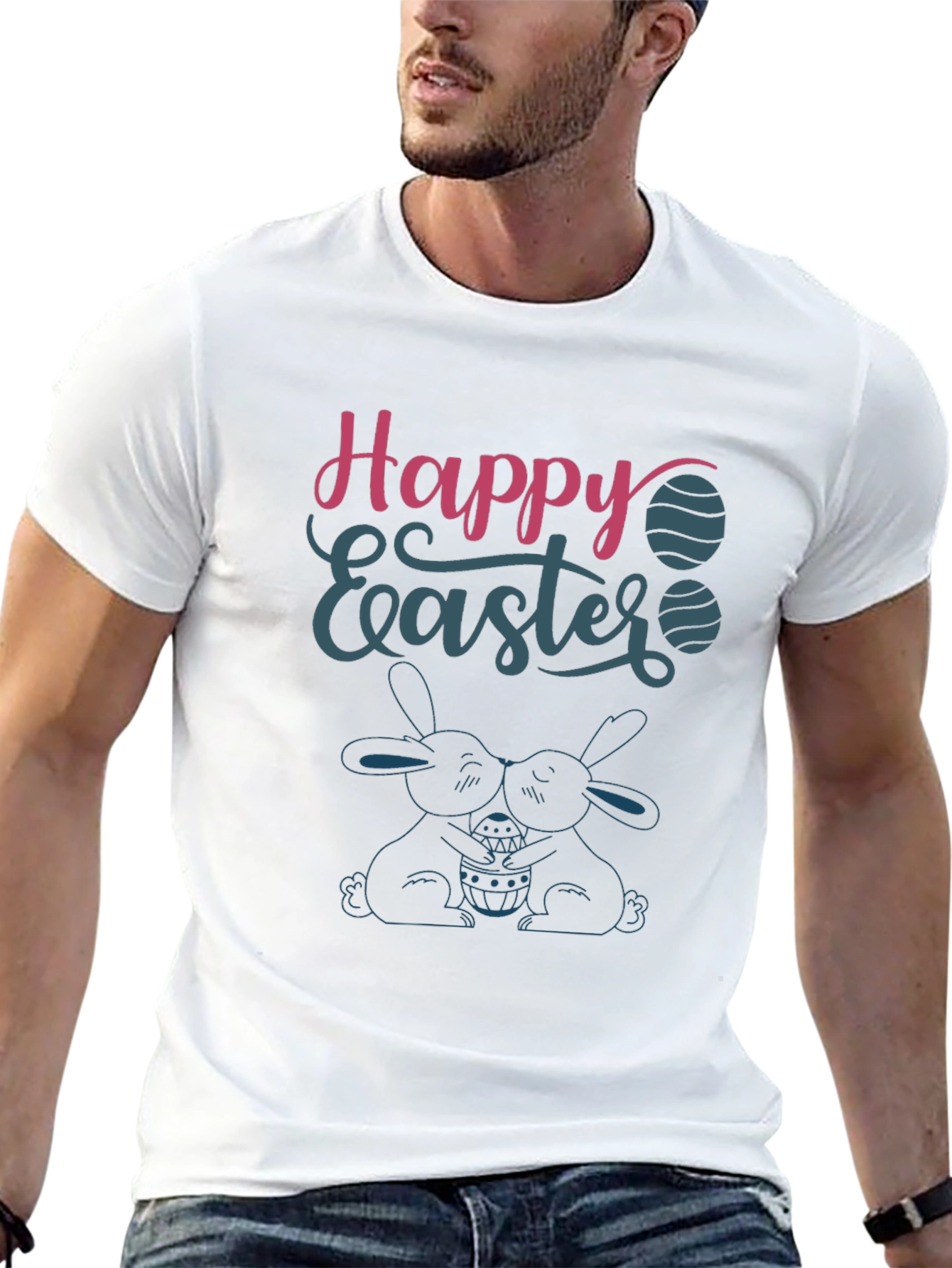 Happy Easter T-Shirt Bunny Design Crew Neck