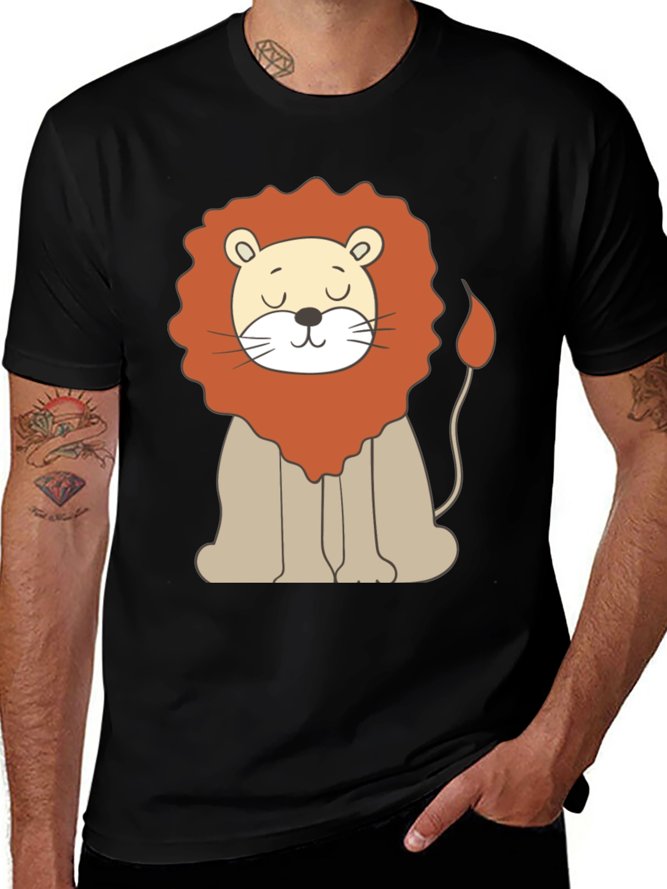 Cute Cartoon Lion Graphic Black T-Shirt