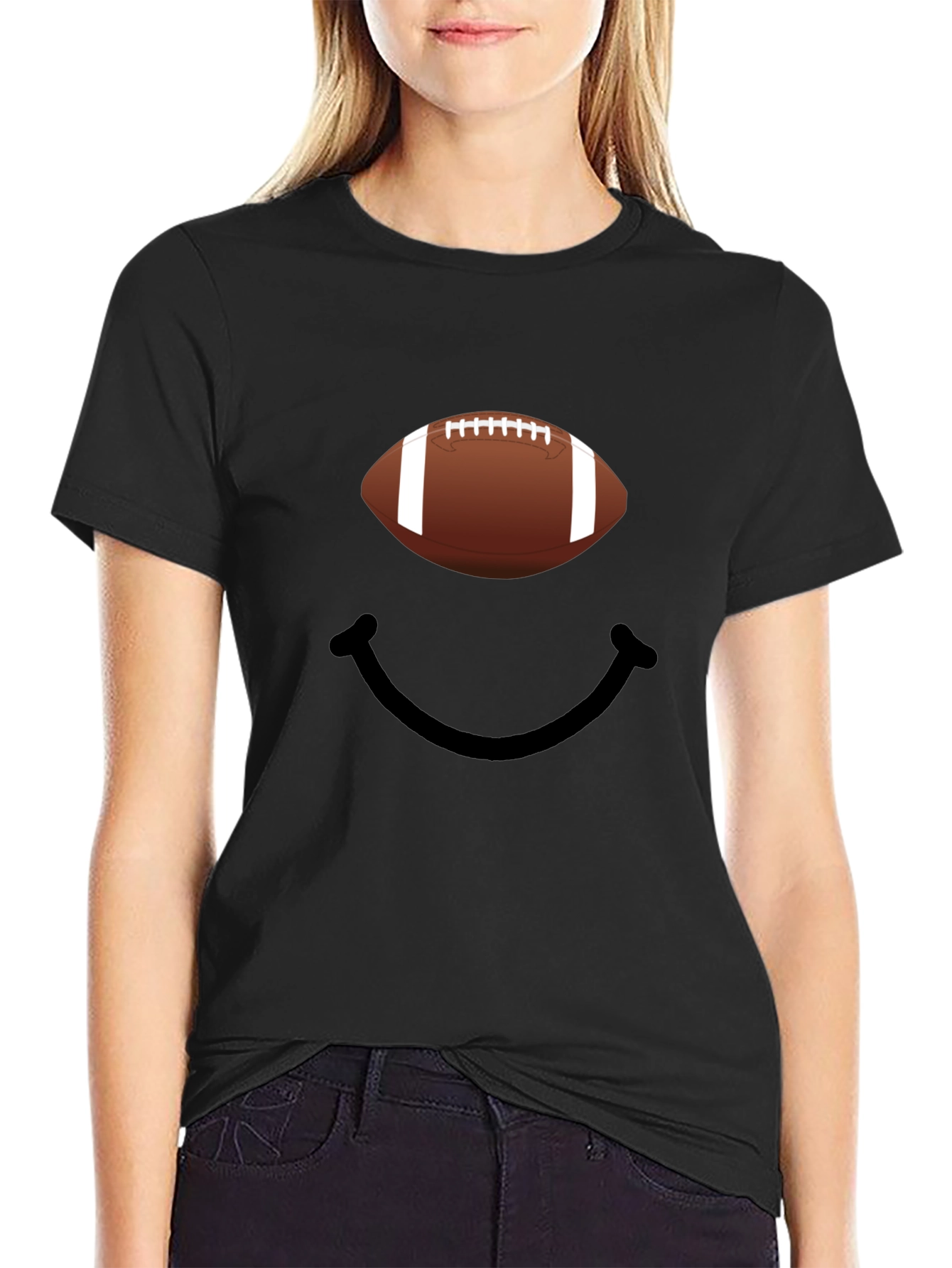 Football Smiley Face Graphic Tee - Black