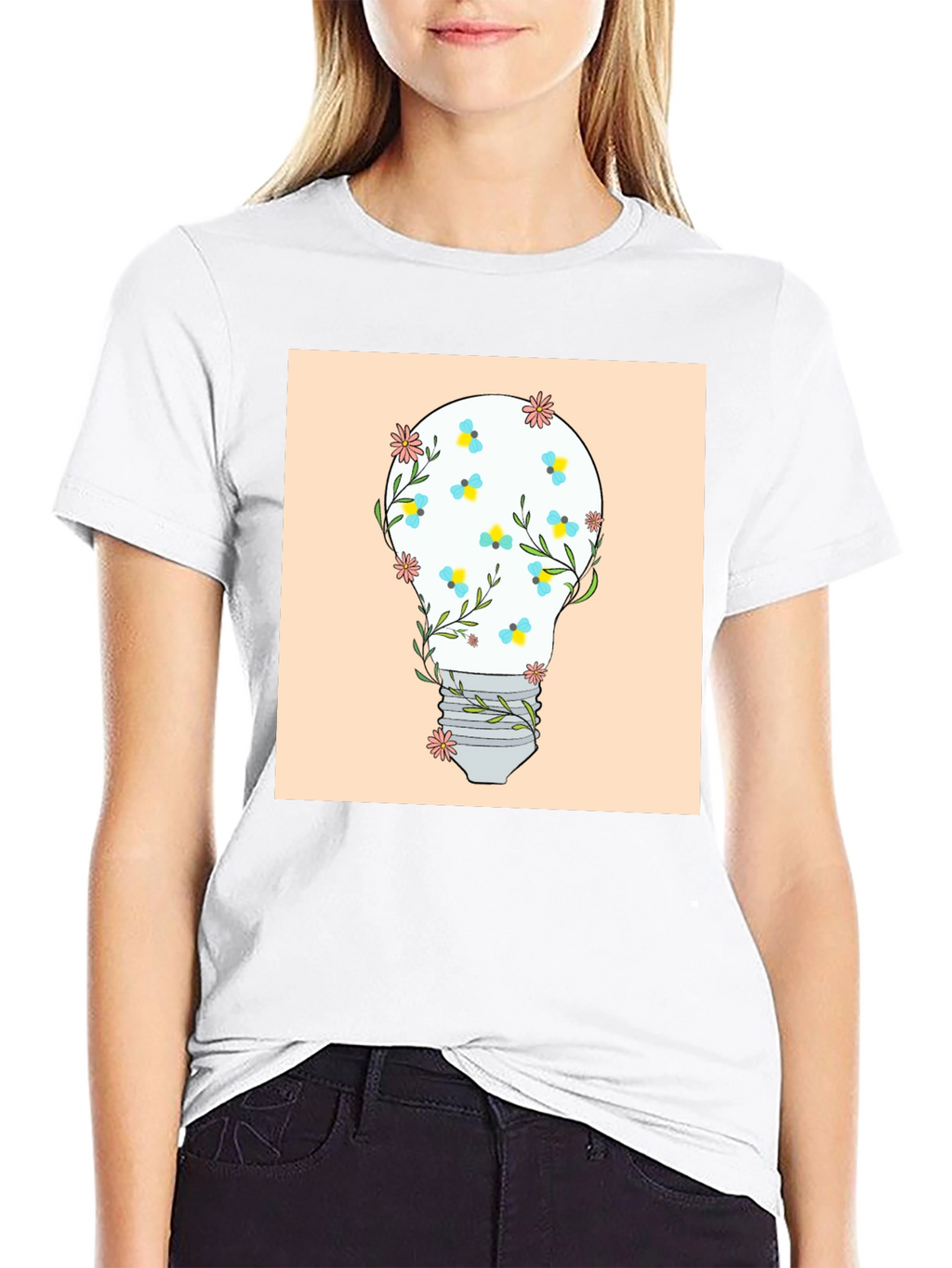 Floral Lightbulb Graphic Tee - Black Cotton T-Shirt