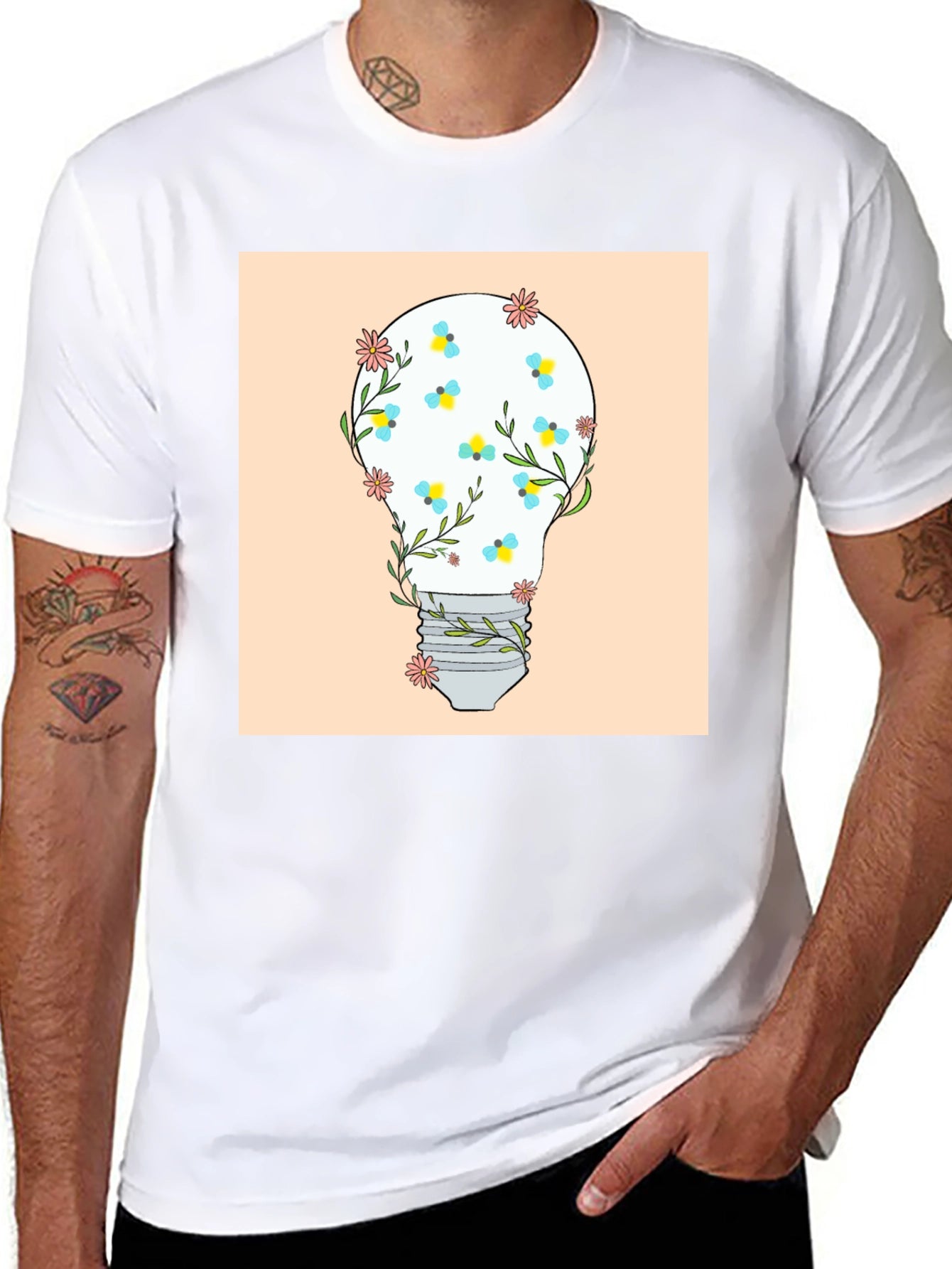 Floral Lightbulb Graphic Tee - Black Cotton T-Shirt