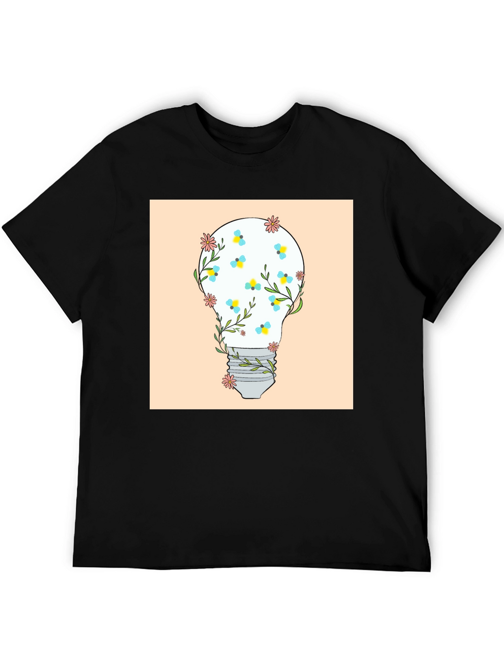 Floral Lightbulb Graphic Tee - Black Cotton T-Shirt