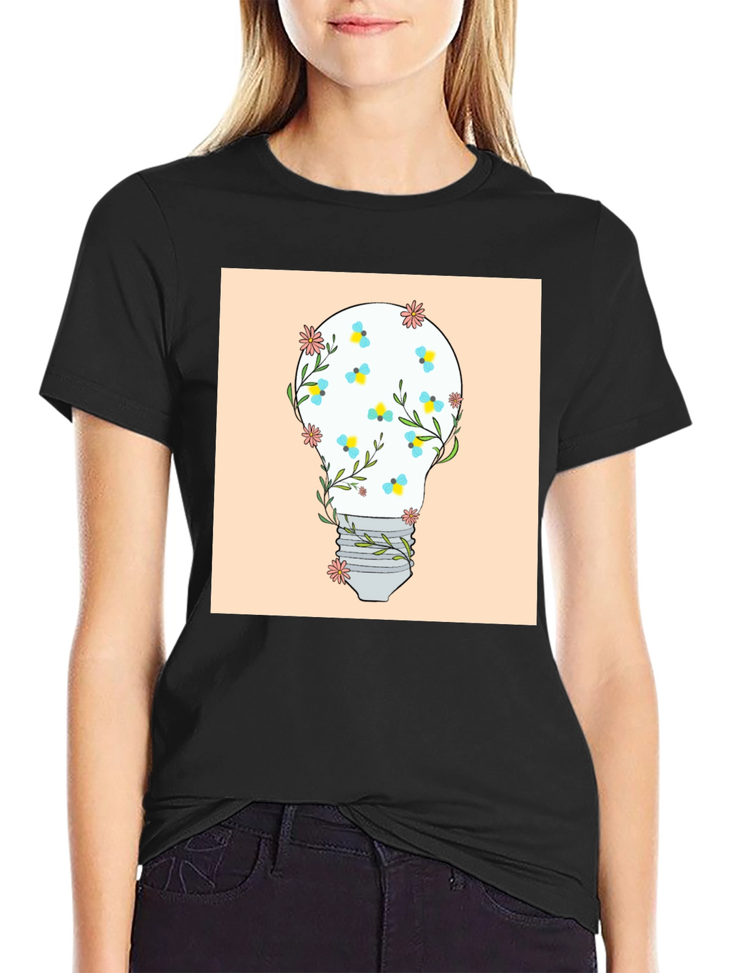 Floral Lightbulb Graphic Tee - Black Cotton T-Shirt