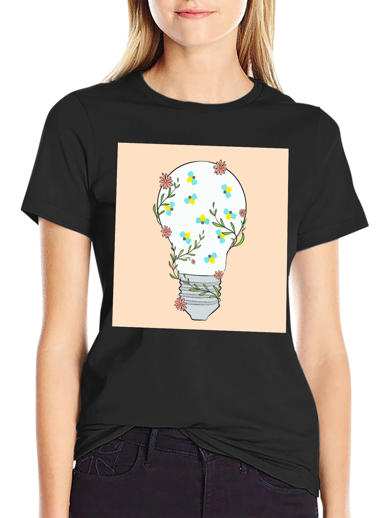 Floral Lightbulb Graphic Tee - Black Cotton T-Shirt