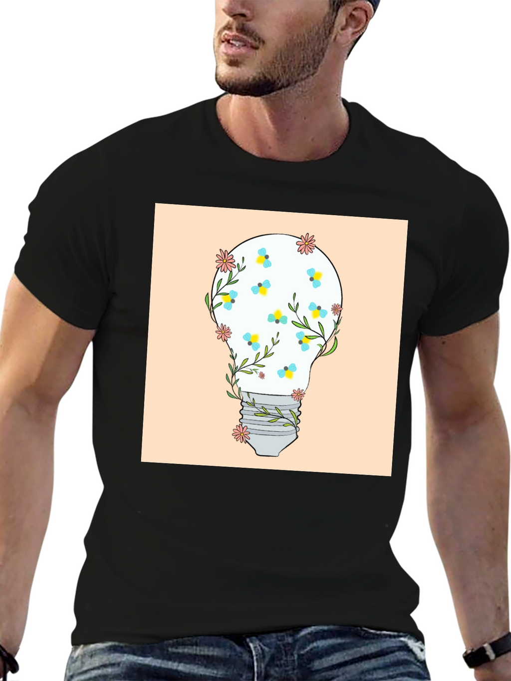 Floral Lightbulb Graphic Tee - Black Cotton T-Shirt