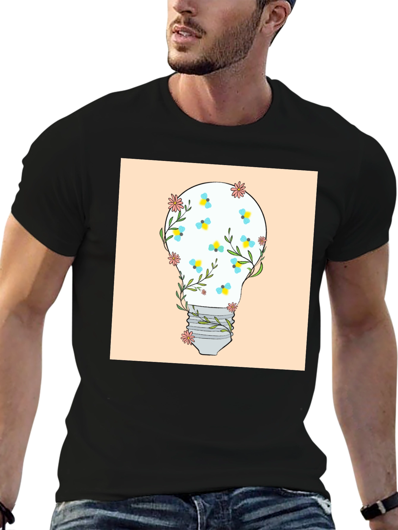 Floral Lightbulb Graphic Tee - Black Cotton T-Shirt