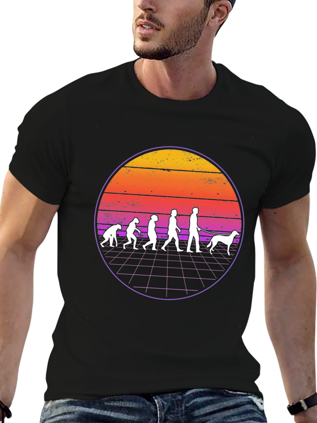Evolution Dog Walker T-Shirt Retro Sunset Design
