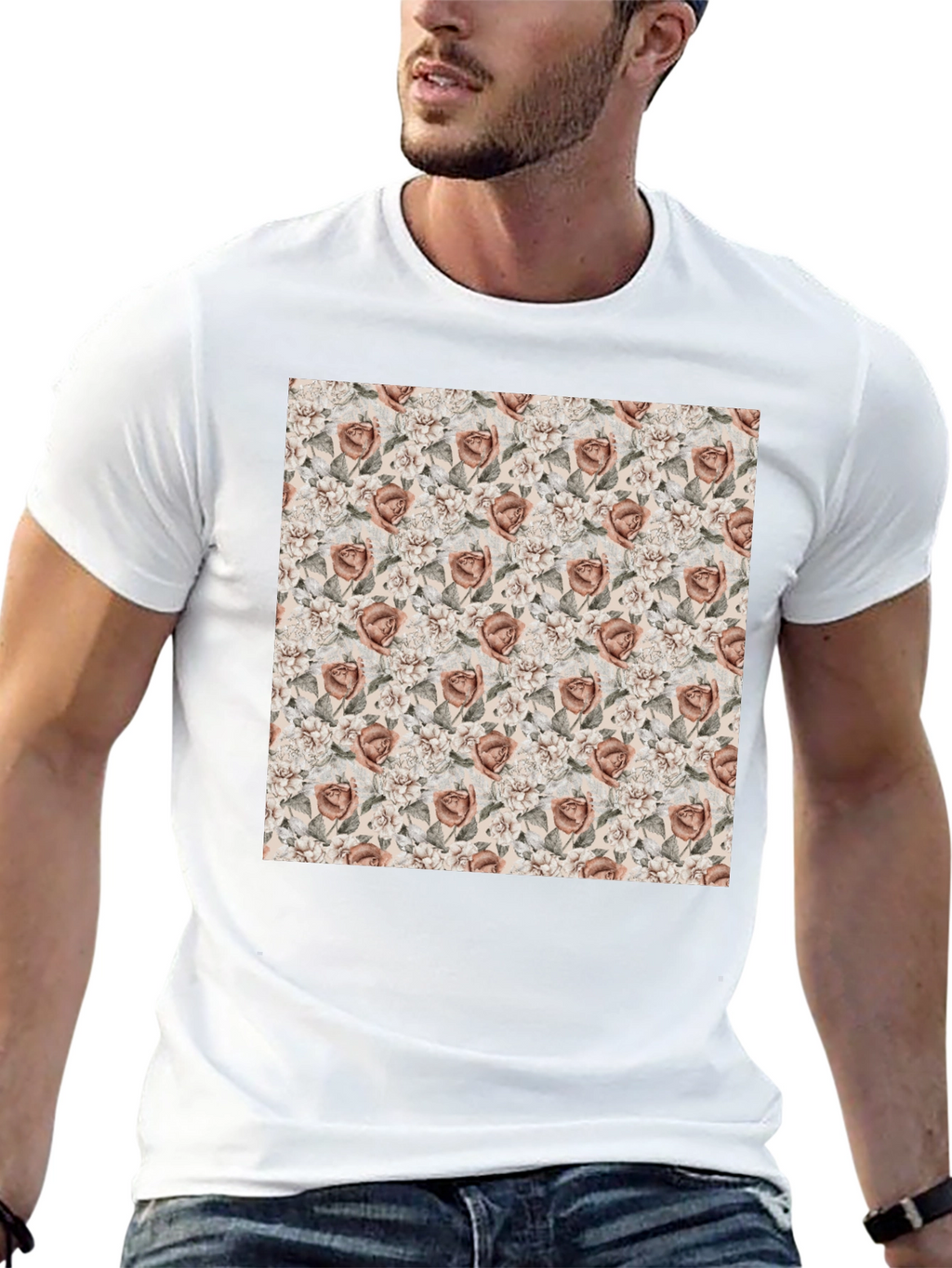 Floral Rose Pattern Graphic Tee - Black