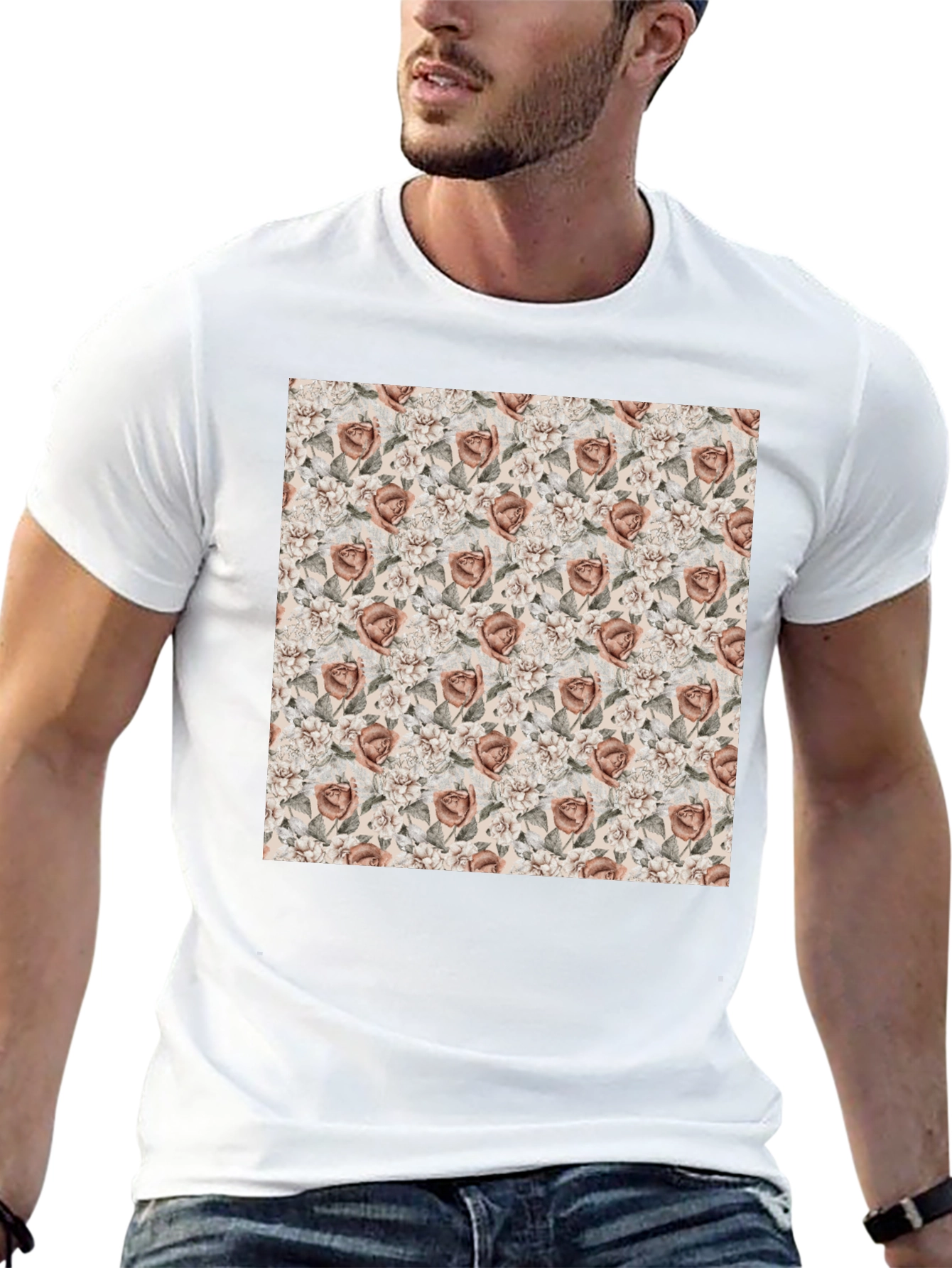 Floral Rose Pattern Graphic Tee - Black