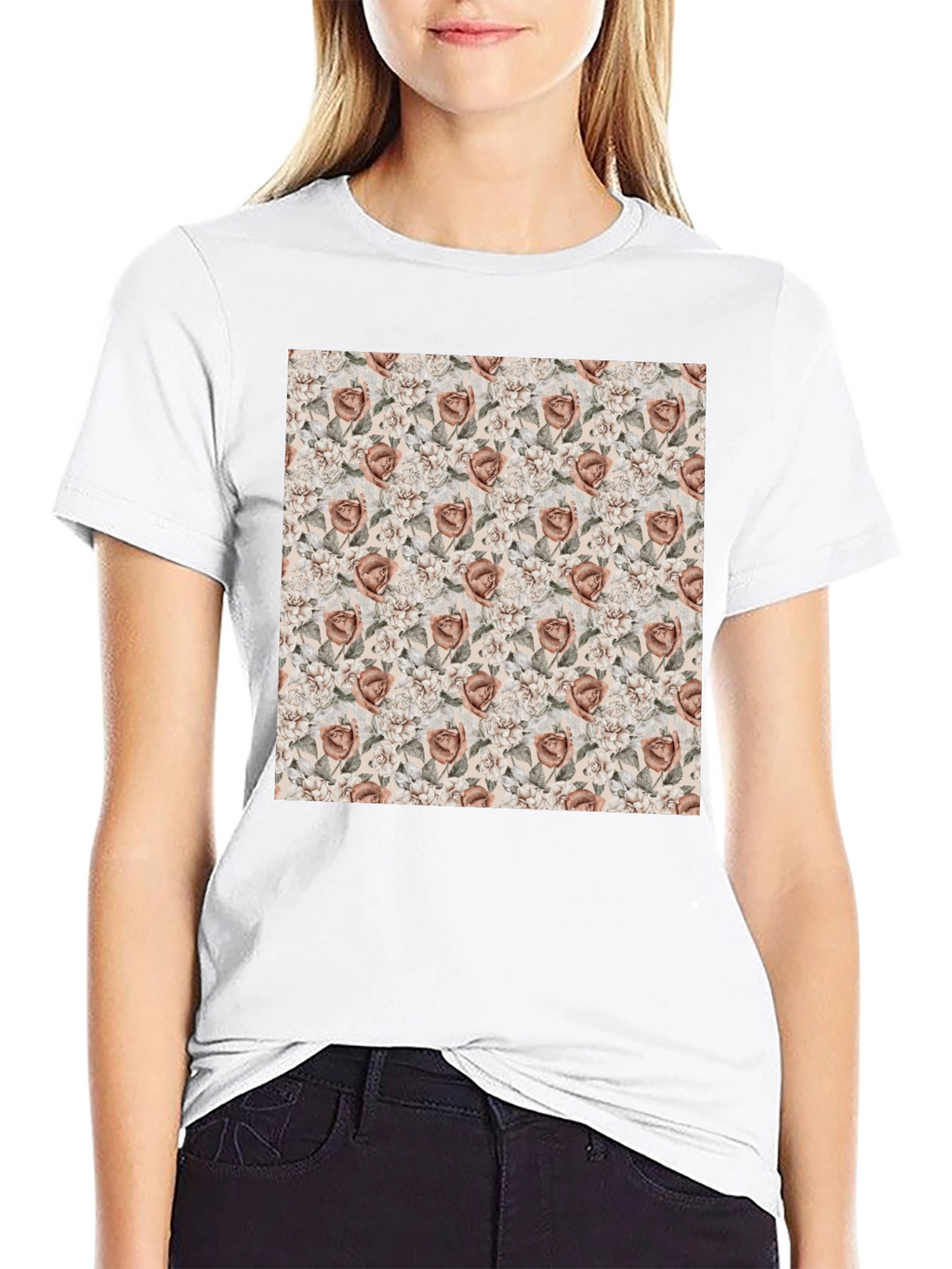 Floral Rose Pattern Graphic Tee - Black