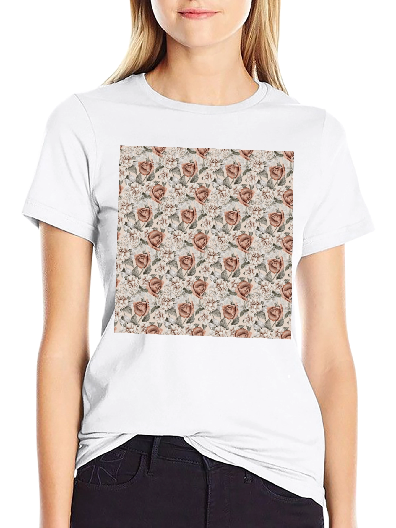 Floral Rose Pattern Graphic Tee - Black