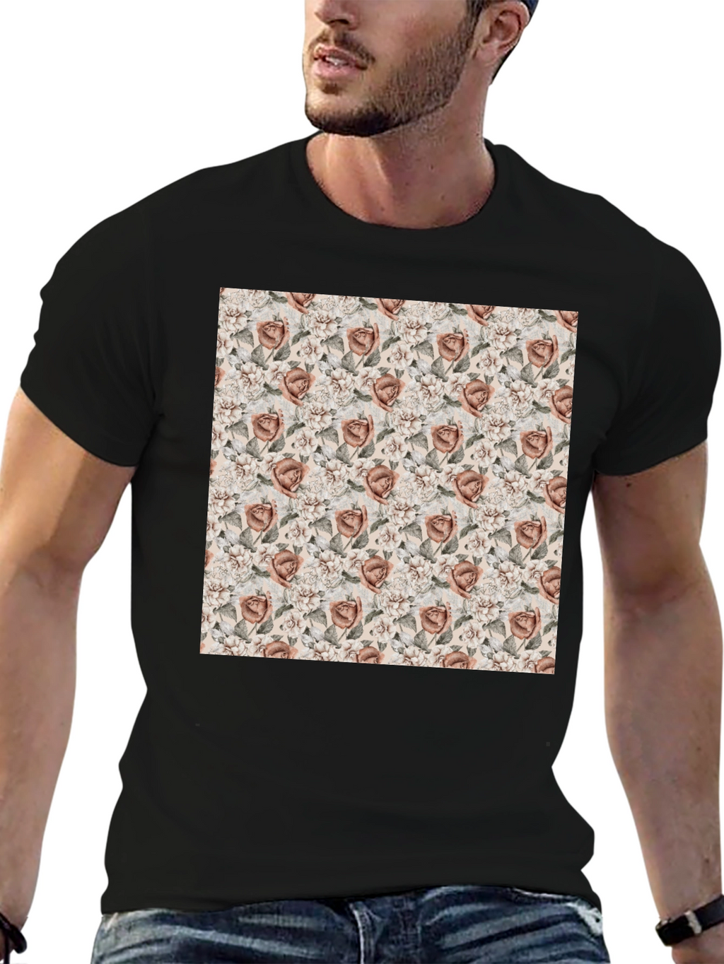 Floral Rose Pattern Graphic Tee - Black