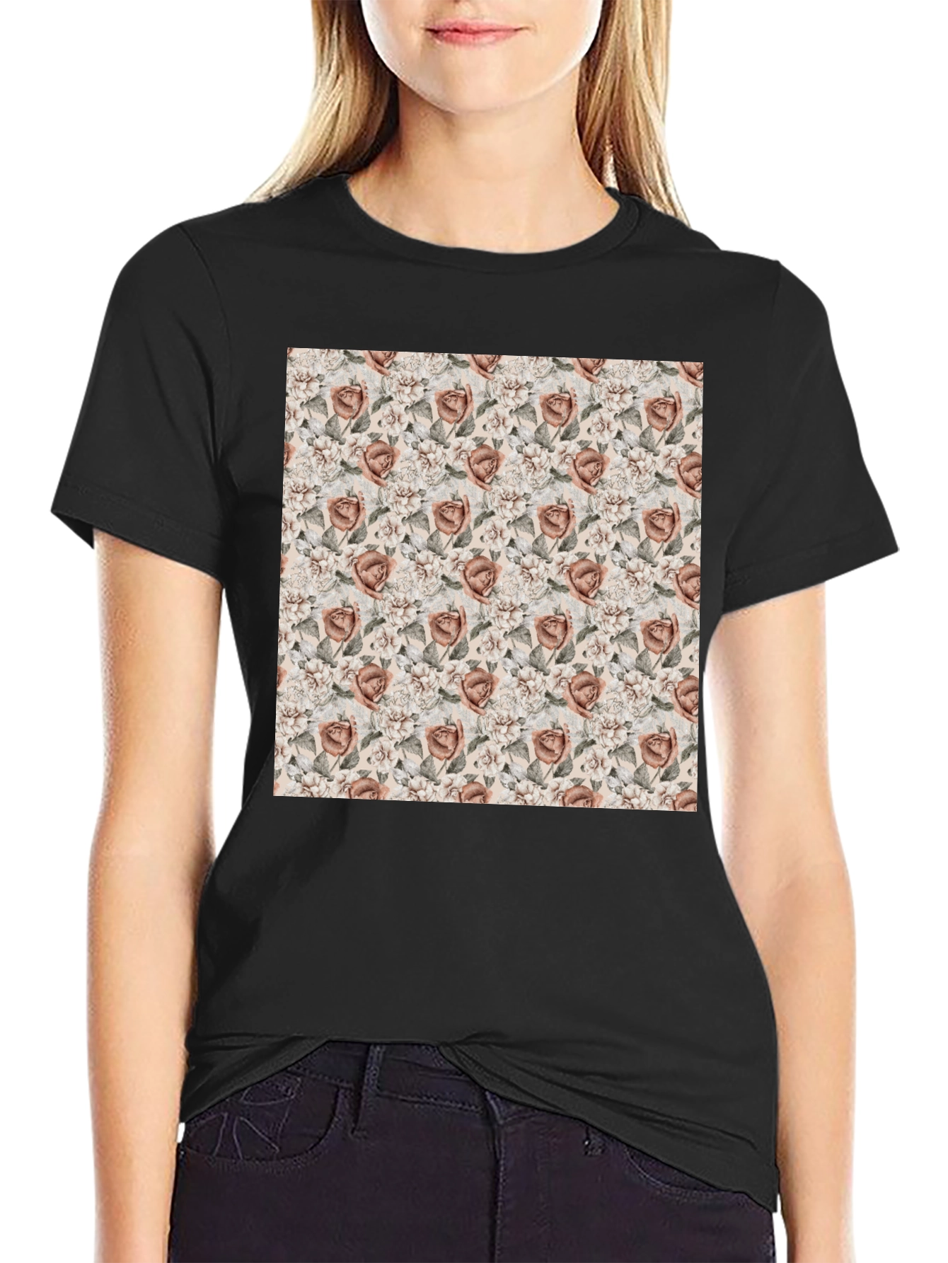 Floral Rose Pattern Graphic Tee - Black