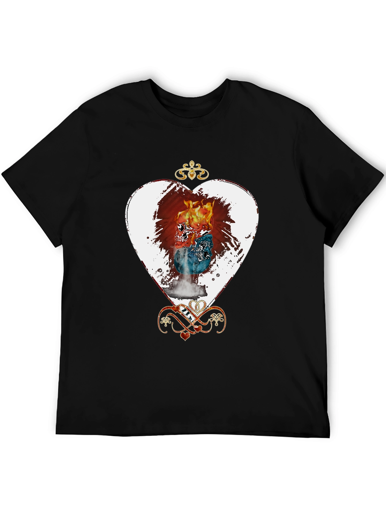 Flaming Skull Heart Graphic Tee - Unique Design
