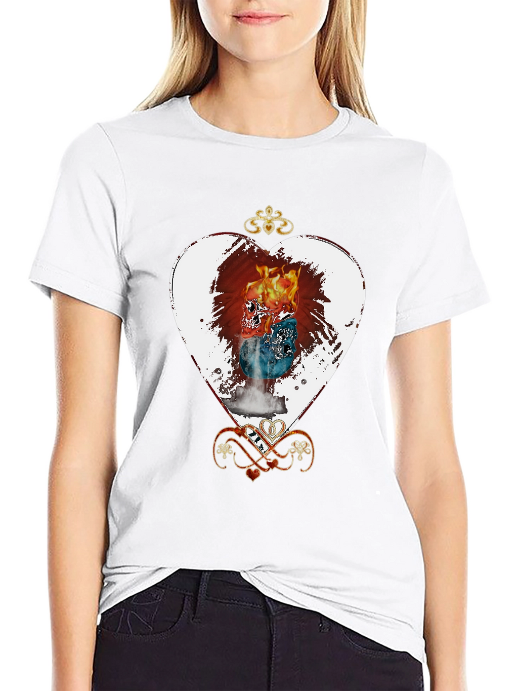 Flaming Skull Heart Graphic Tee - Unique Design