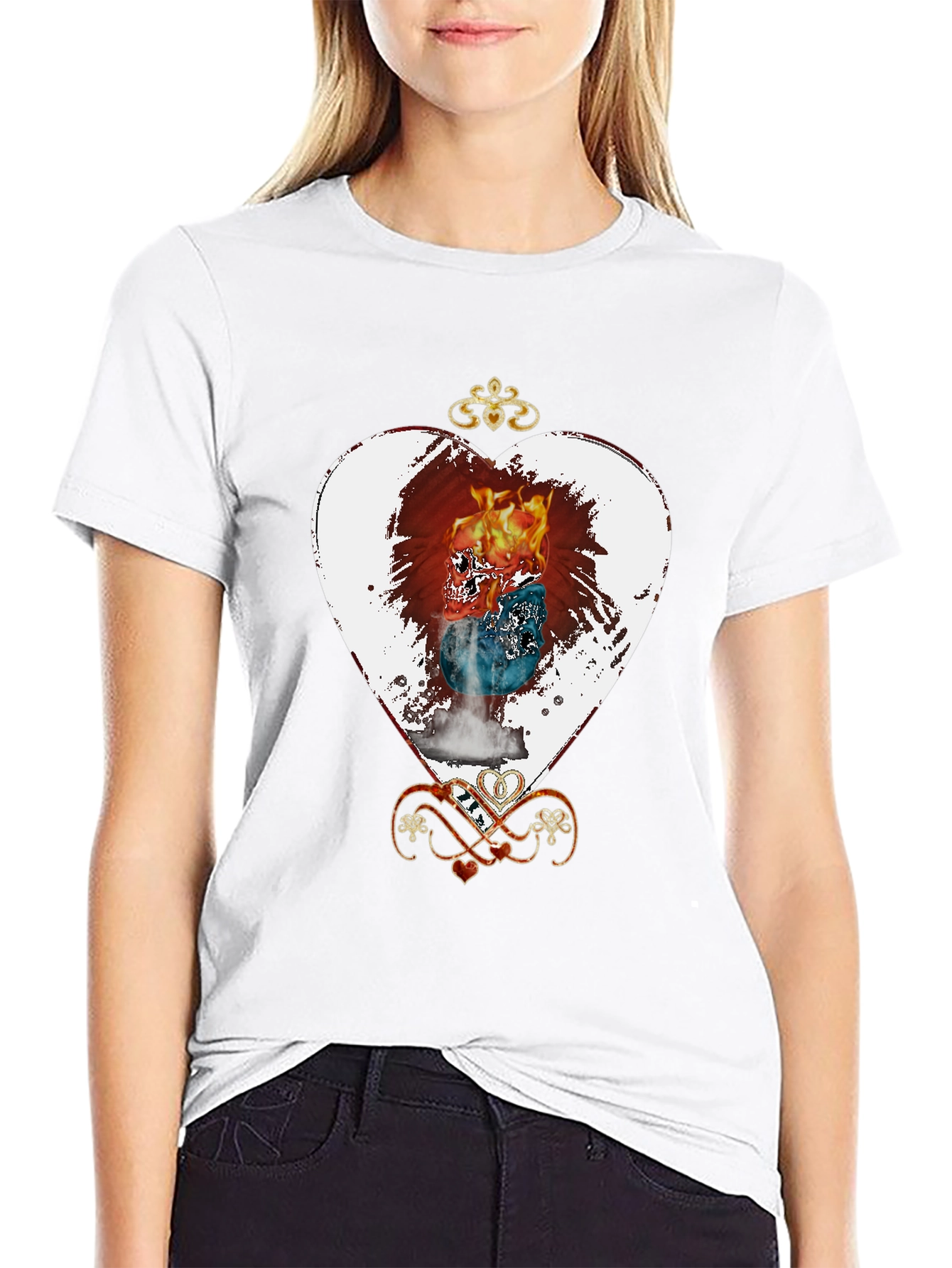Flaming Skull Heart Graphic Tee - Unique Design