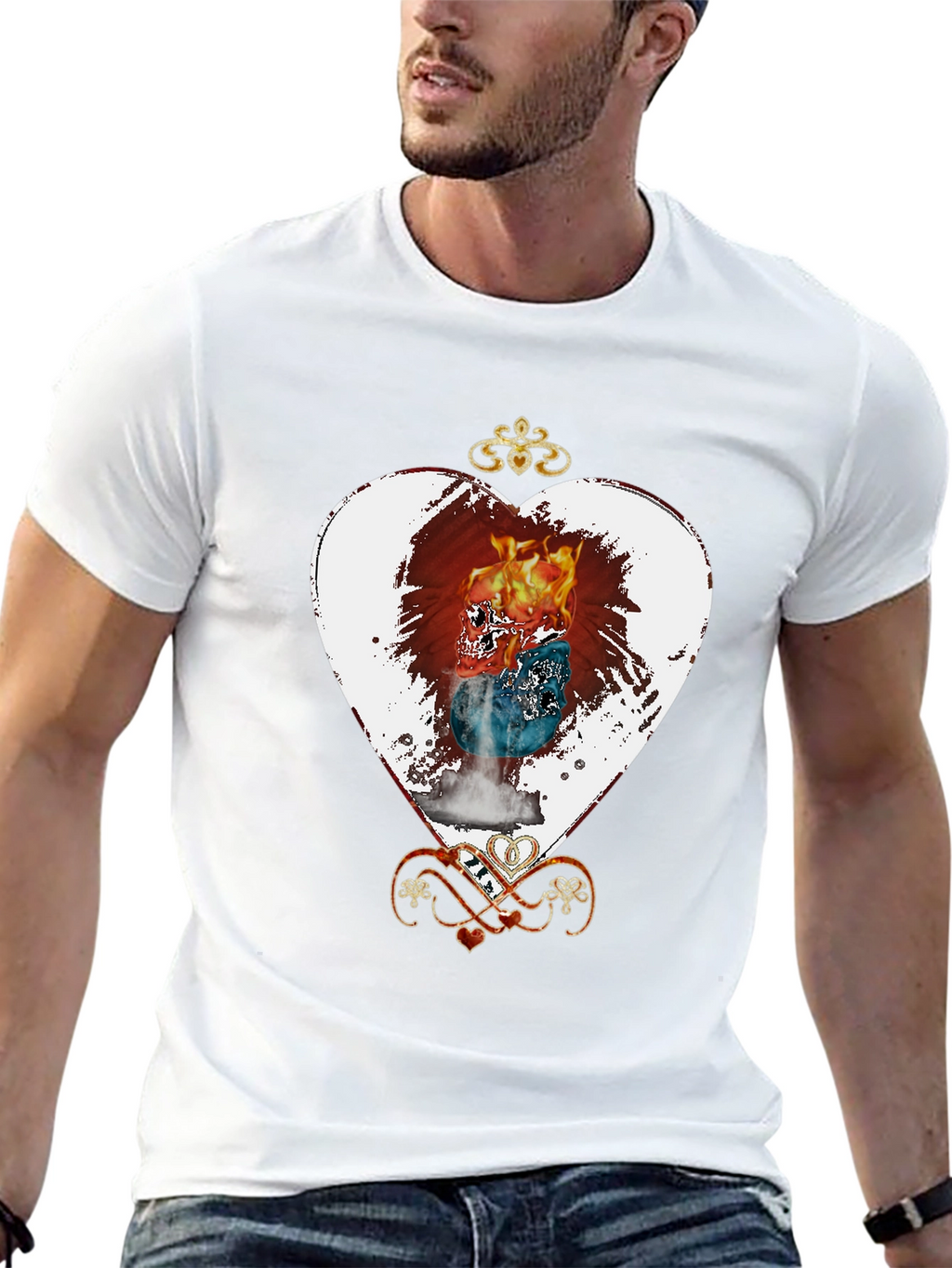 Flaming Skull Heart Graphic Tee - Unique Design