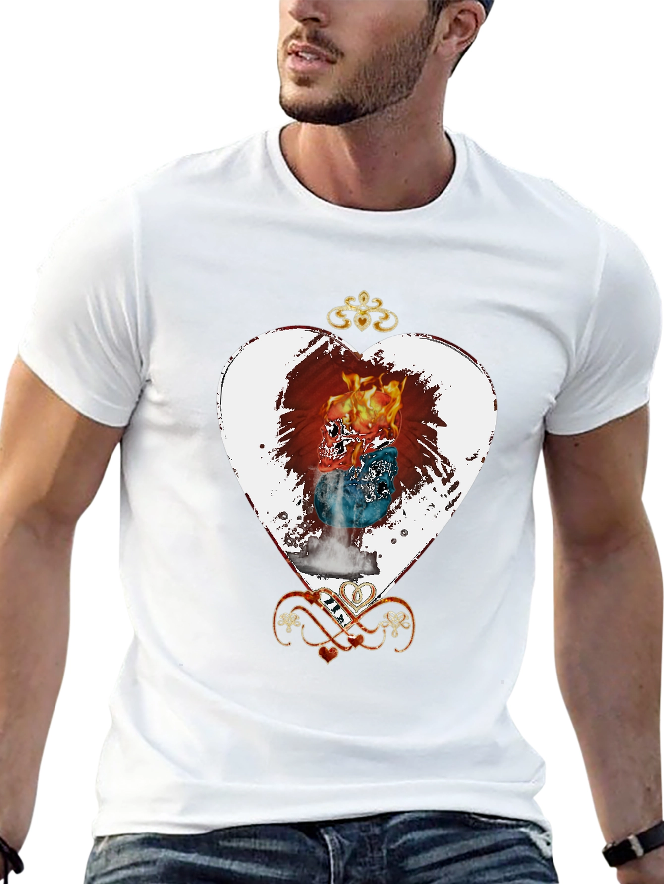 Flaming Skull Heart Graphic Tee - Unique Design