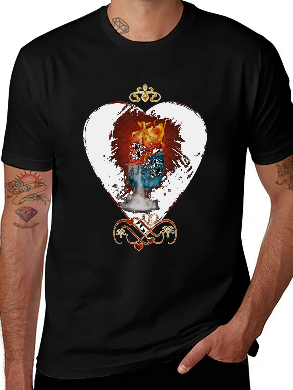 Flaming Skull Heart Graphic Tee - Unique Design