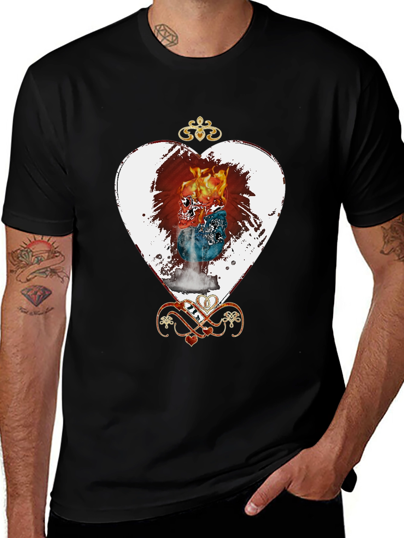 Flaming Skull Heart Graphic Tee - Unique Design