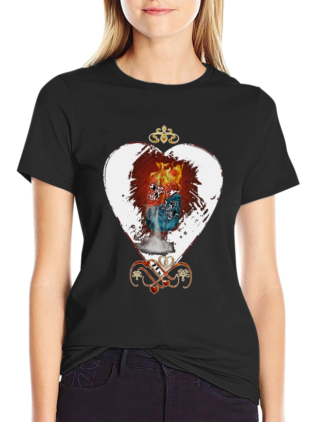 Flaming Skull Heart Graphic Tee - Unique Design