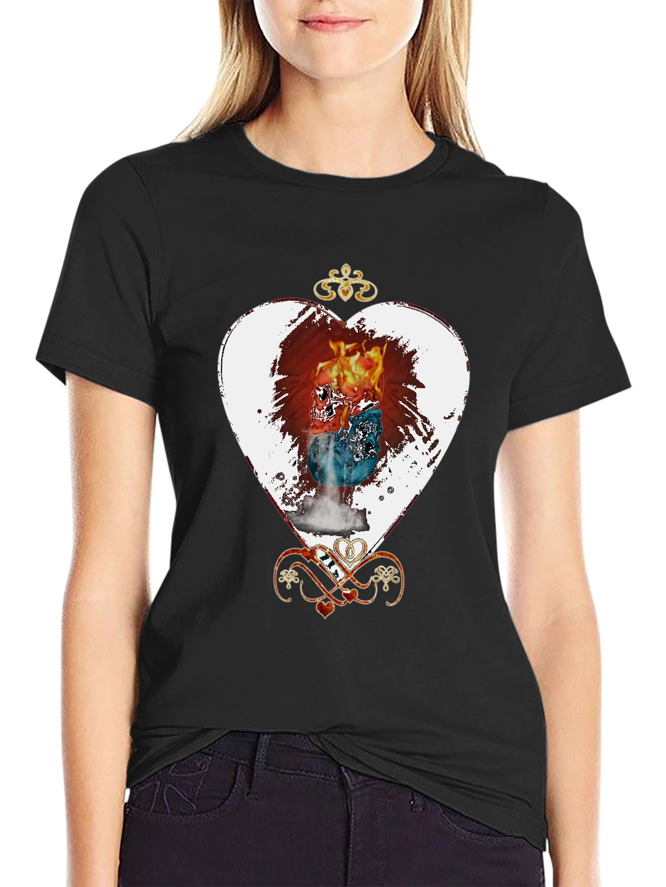 Flaming Skull Heart Graphic Tee - Unique Design