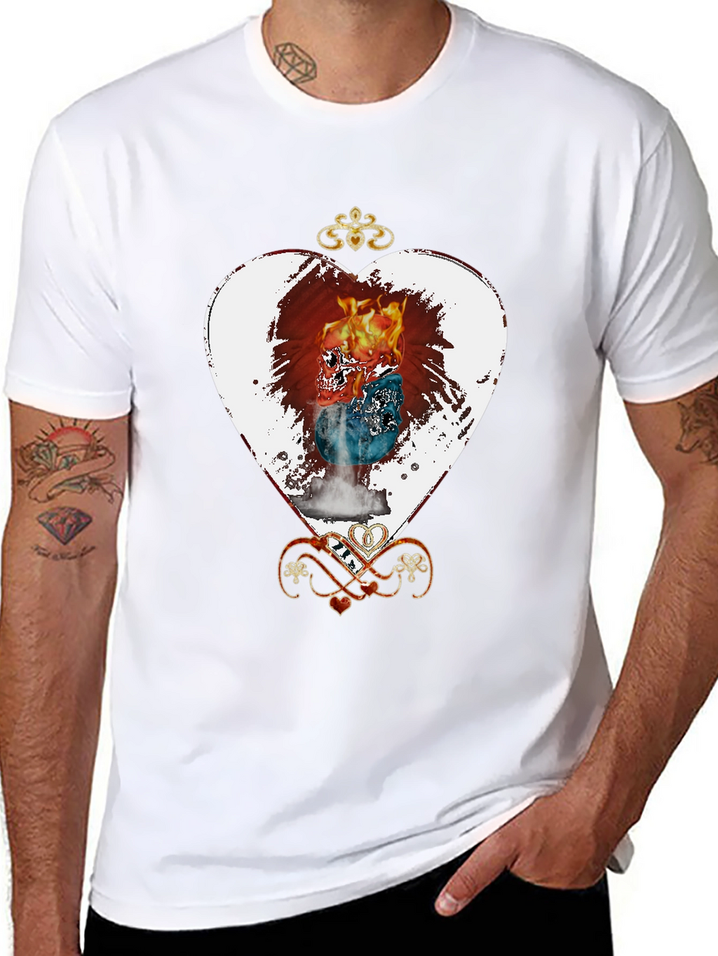 Flaming Skull Heart Graphic Tee - Unique Design