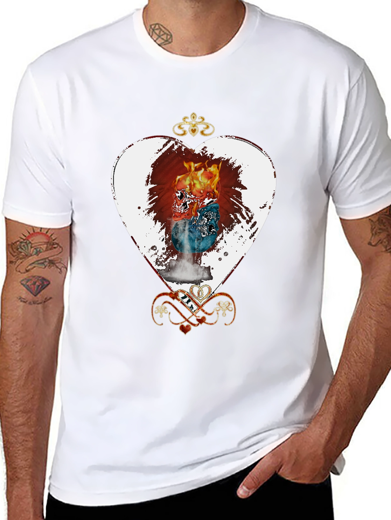 Flaming Skull Heart Graphic Tee - Unique Design