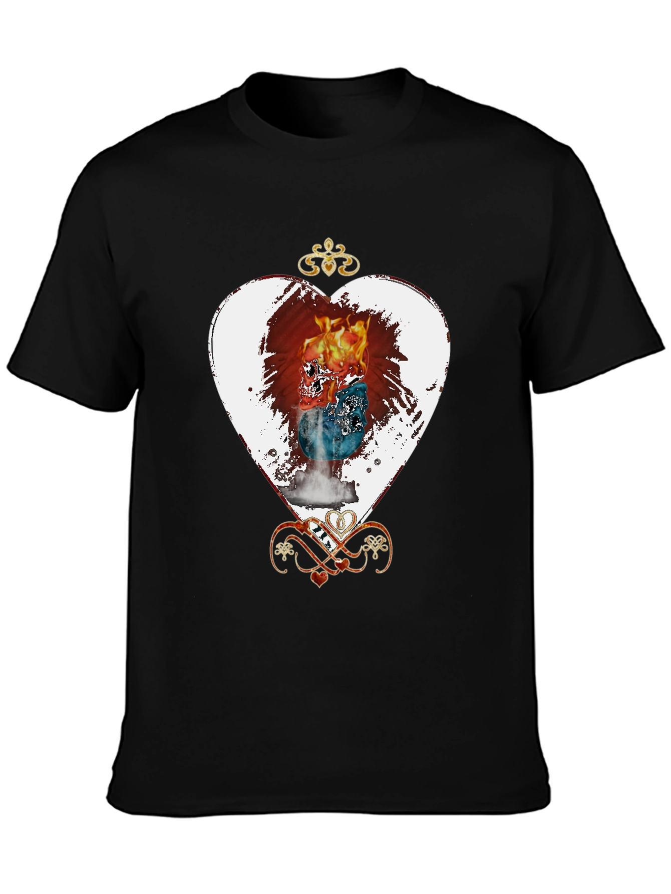 Flaming Skull Heart Graphic Tee - Unique Design