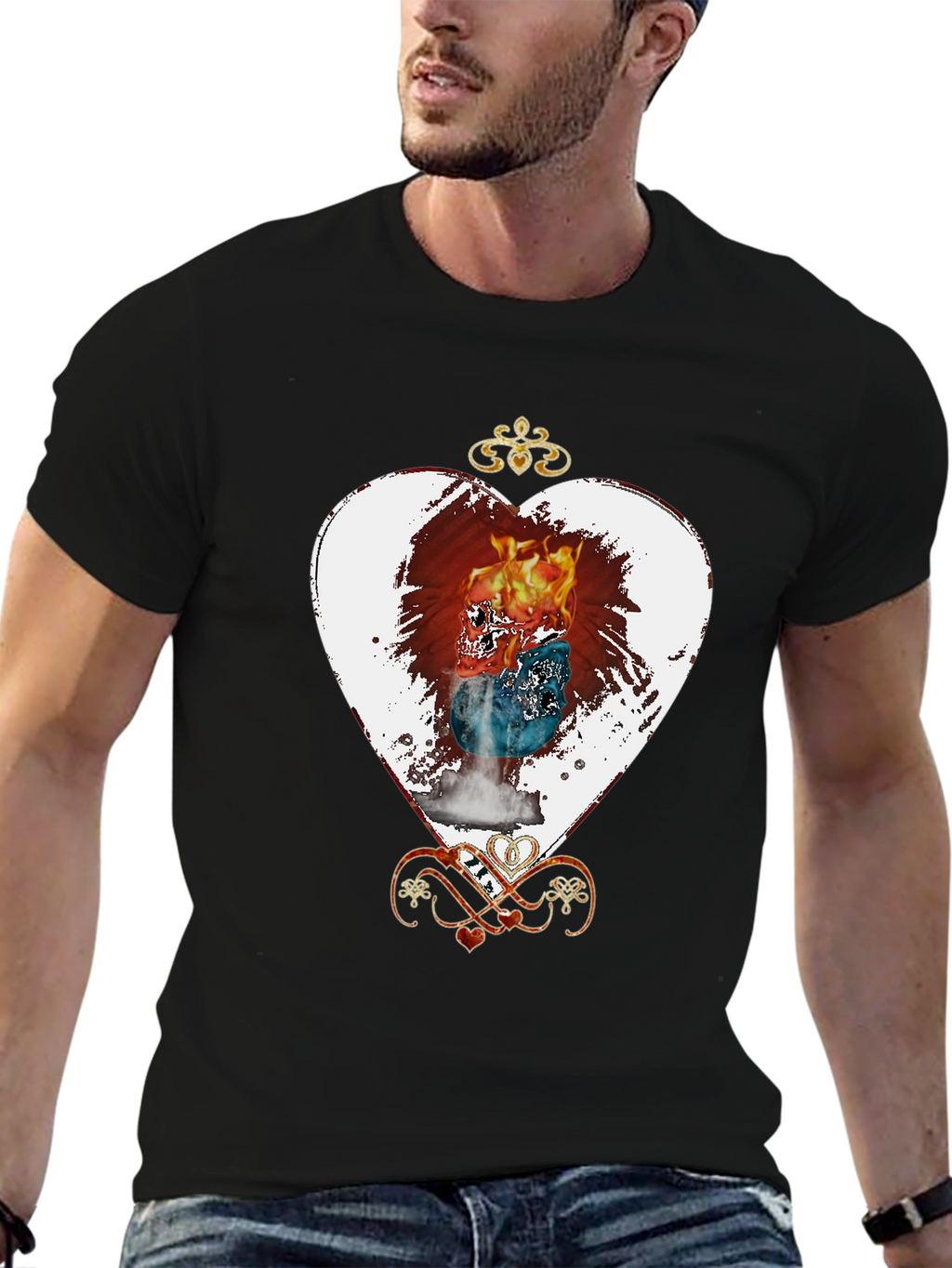 Flaming Skull Heart Graphic Tee - Unique Design