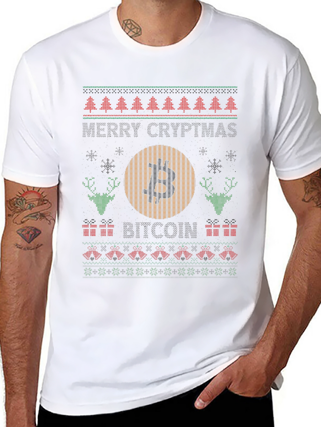Bitcoin Christmas Sweater Style Graphic T-Shirt